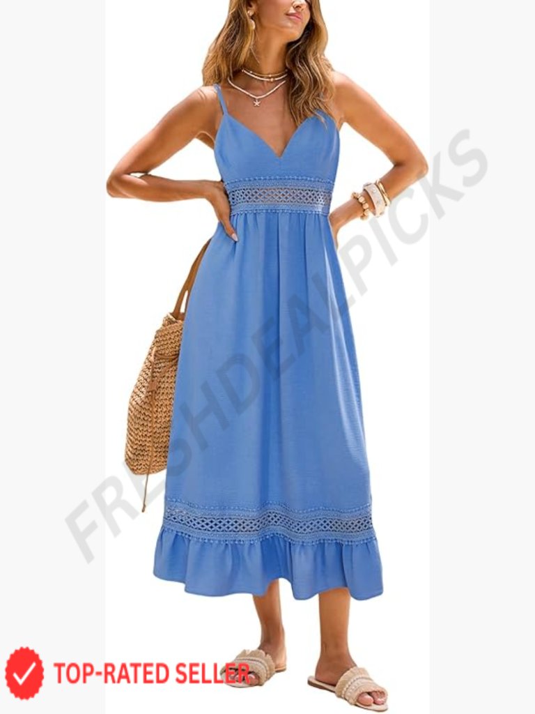 Boho Lace Trim Tiered Eyelet Maxi Dress V Neck Sleeveless Smocked Waist Flowy